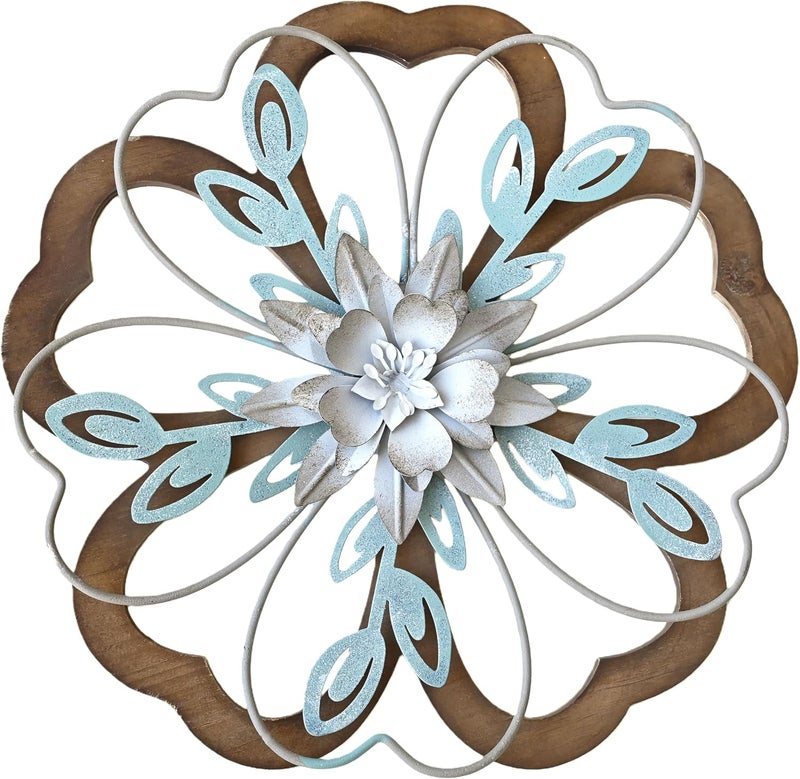 Remenna Metal Flowers Wall Decor, Rustic Floral Art, White & Blue, Farmhouse Hanging Decoration for Living Room, Bathroom, Garden - Image 1